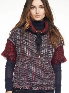Tory Burch Barton Top Sweater Chunky Knit Poncho with Fringe Size Small